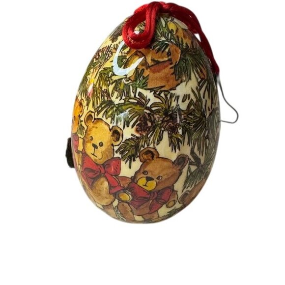 Vintage Teddy Bear Egg-Shaped Ornament With Red Accents & Hanging Ribbon - Picture 2 of 6